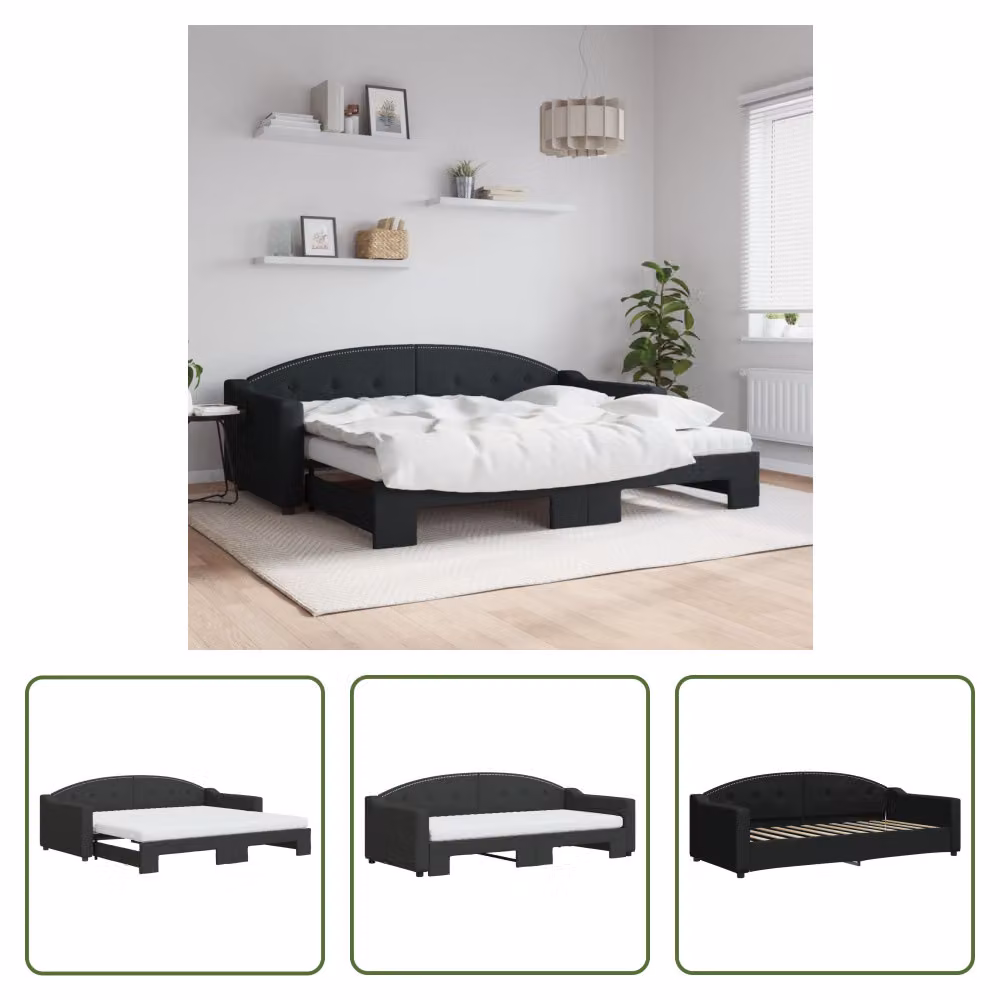 The Living Store Lettino allungabile con materassi nero 90x200 cm in tessuto