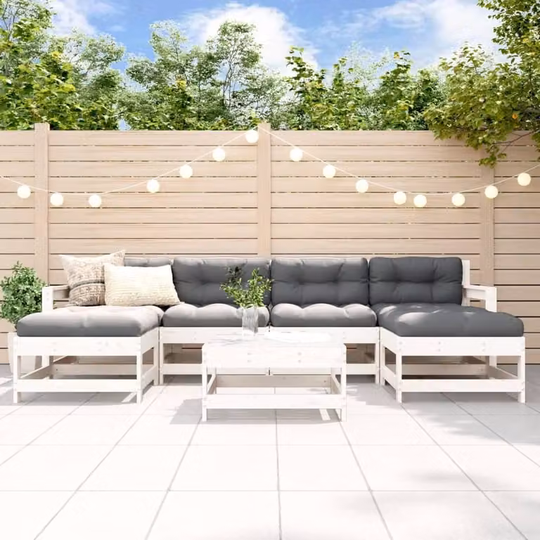The Living Store Set da giardino 7 pezzi con cuscini in legno massiccio bianco