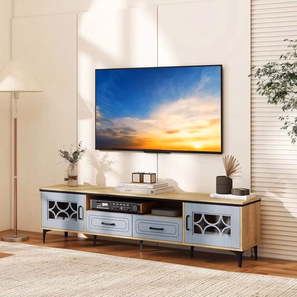Mobile TV Costway in Legno e Metallo Blu con 2 Cassetti e 2 Armadi, L: 180.5 cm, P: 35 cm, H: 46 cm – 2