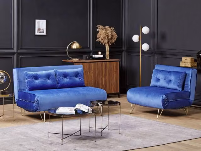 Set divano Beliani in velluto blu con funzione letto e cuscini glamour per soggiorno – 1