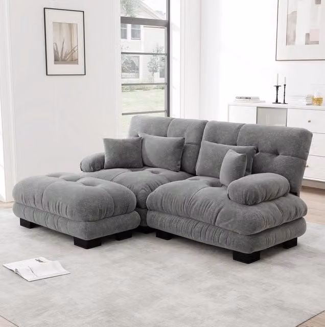 Divano modulare angolare 220x145 cm in ciniglia grigia con ottomane mobili