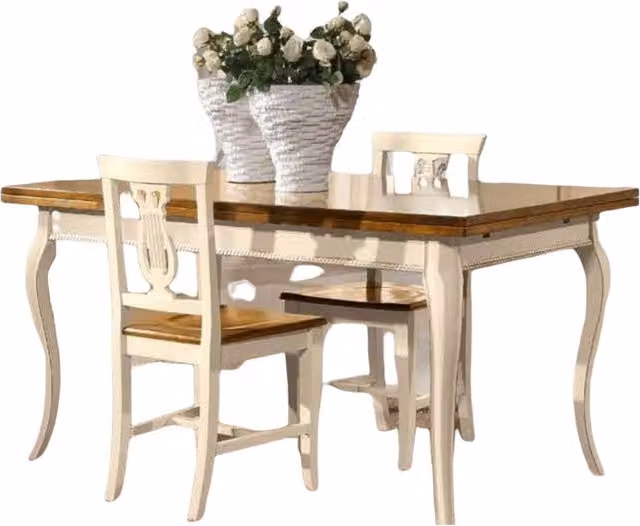Set tavolo rettangolare allungabile Mobili 2G in legno noce e laccato bicolore con 4 sedie in legno bianco e marrone – 1