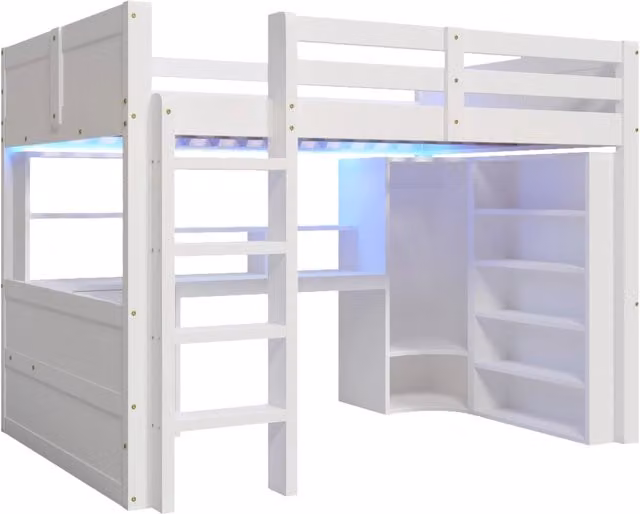 Letto a soppalco 140x200 cm con LED, armadio, scrivania e cassetti, bianco, senza materasso