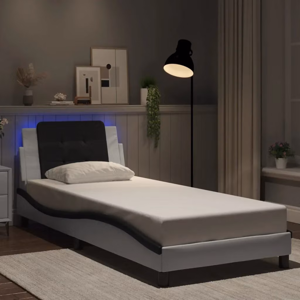 Letto singolo Zadar bianco e nero con illuminazione LED e porta USB, dimensioni 90x190 cm – 2