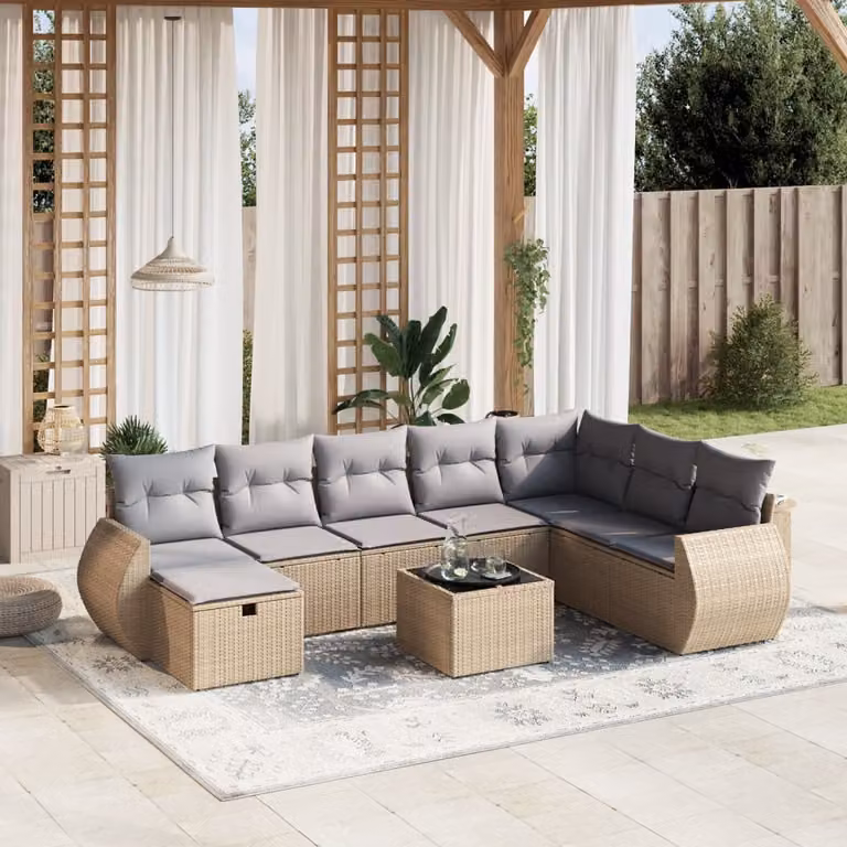 vidaXL Set Divano da Giardino a L 9 pz con Cuscini Beige e Grigio in Polyrattan e Metallo
