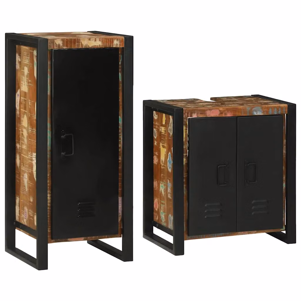 Set di mobili per il bagno moderno vidaXL in legno e metallo nero e multicolore composto da mobile lavabo, colonna alta e mobile laterale – 1
