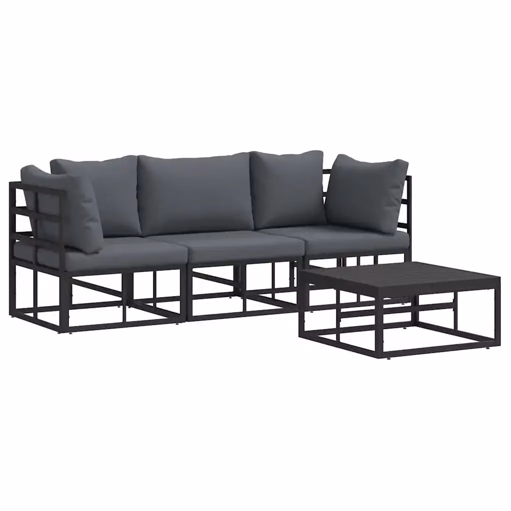 vidaXL Set Divano da Giardino Moderno a L in Acciaio Verniciato Nero con Tavolino e Cuscini – 2