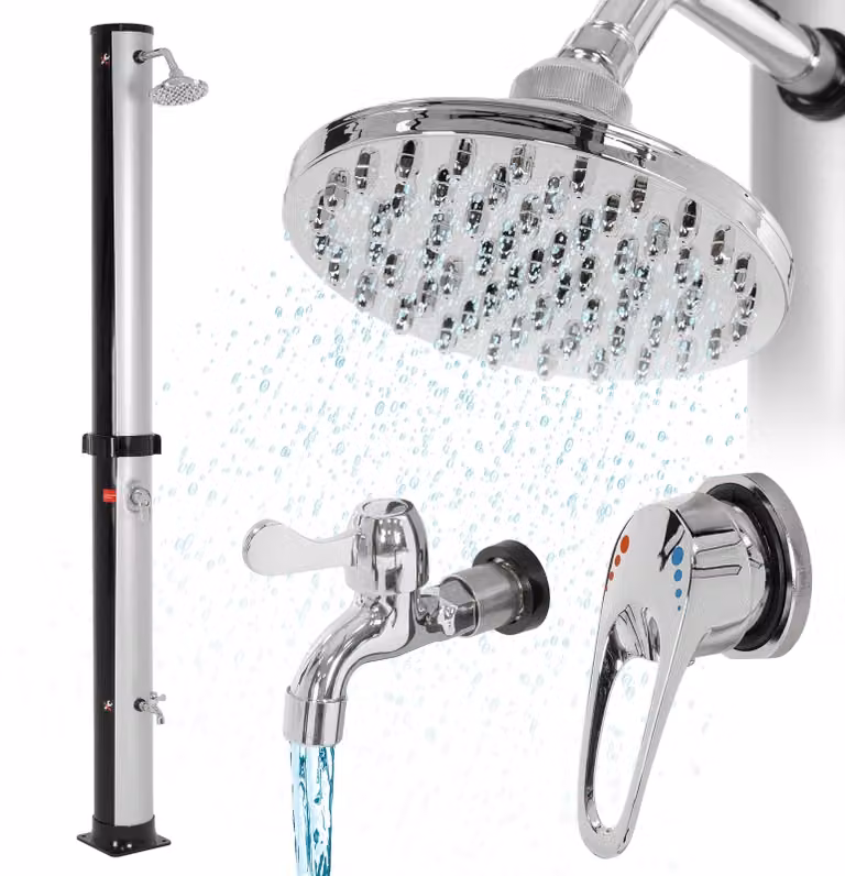 ML-Design doccia solare 35L 217,5 cm rotonda con doccia a pedale e soffione a pioggia nero-argento, acqua calda, 60°C senza allacciamento alla corrente, con attacco per tubo da giardino