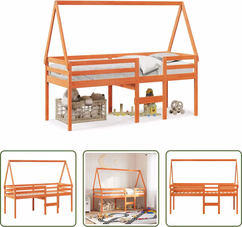The Living Store Letto a soppalco con tetto a cera marrone 80x200 cm in legno di pino massiccio