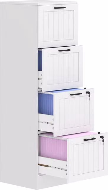 Mobiletto da ufficio HOMCOM in legno con 4 cassetti e serratura, barre di sospensione regolabili, Bianco, L/P/H: 40 x 40 x 131 cm