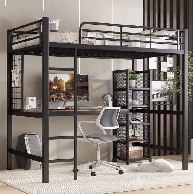 Letto a soppalco 90x200 cm con scrivania e scaffale a 5 livelli in MDF e metallo; nero e noce scuro