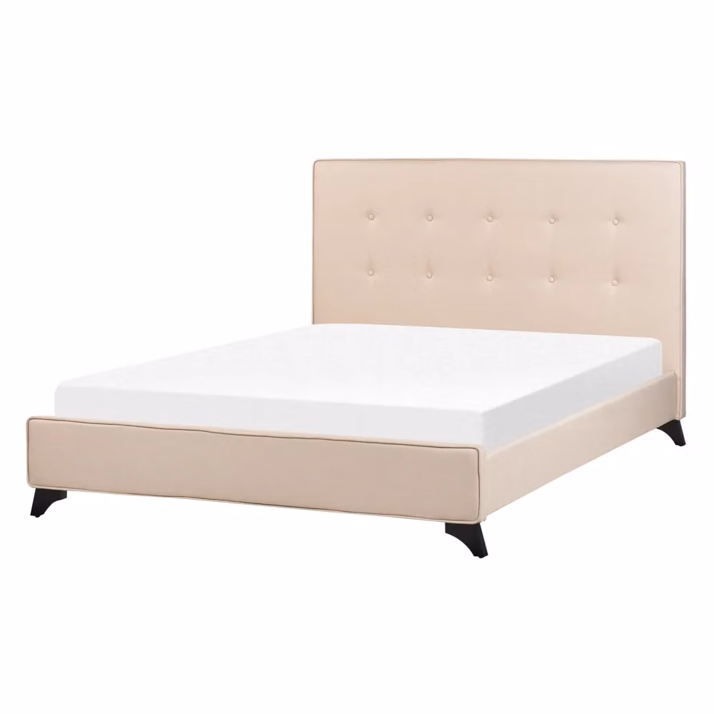 Letto Matrimoniale Beliani in Tessuto Beige con Struttura in Legno di Rubberwood L/P/H: 140 x 200 cm – 2