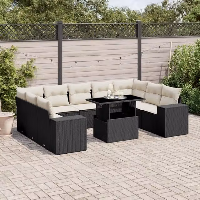 Set Divani da Giardino 10pz con Cuscini in Polyrattan Nero 3269366