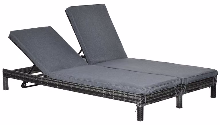Lettino doppio in polyrattan Lettino da giardino per 2 persone Lettino relax Lounge Schienale a 5 posizioni Metallo PE Rattan Grigio 196 x 120 x 28 cm