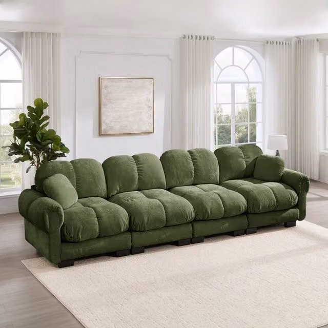 Divano modulare 330x86x90 cm con cuscini trapuntati in ciniglia verde