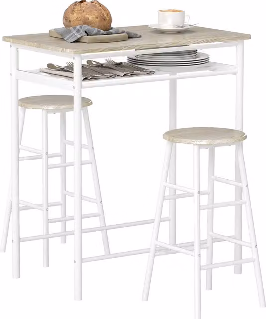 Set Tavolo Alto Bar con 2 Sgabelli HOMCOM in Stile Nordico, Colore Bianco con Mensola e Poggiapiedi