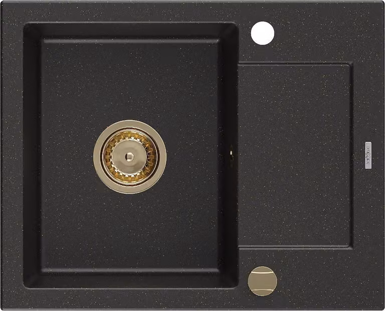 Mexen Enzo lavello in granito a 1 vasca con sgocciolatoio 576 x 465 mm, nero/oro metallico, sifone dorato - 6506571005-75-G