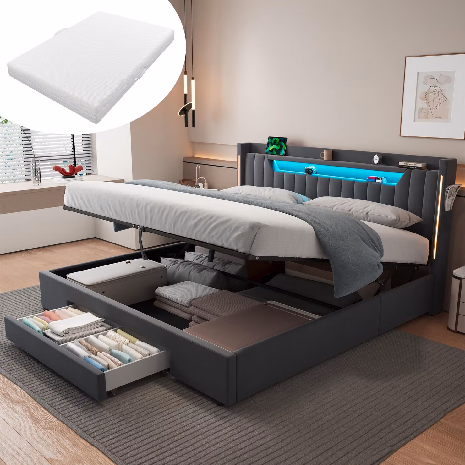 Letto matrimoniale MODFU 180 × 200 con materasso, imbottito in velluto, con cassetto contenitore, letto per giovani con ampio spazio di stoccaggio, illuminazione LED e ripiano imbottito, letto moderno con spazio contenitore, colore grigio