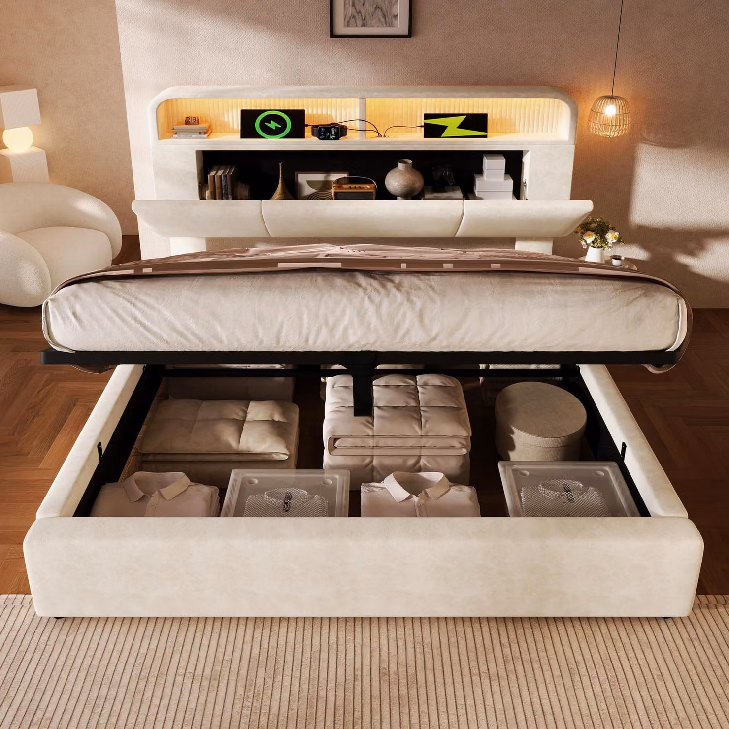 MODFU Letto matrimoniale 160x200 con base boxspring e contenitore, letto imbottito con luci LED, testiera regolabile in altezza, 3 porte USB e 1 porta Type-C, materasso escluso, beige