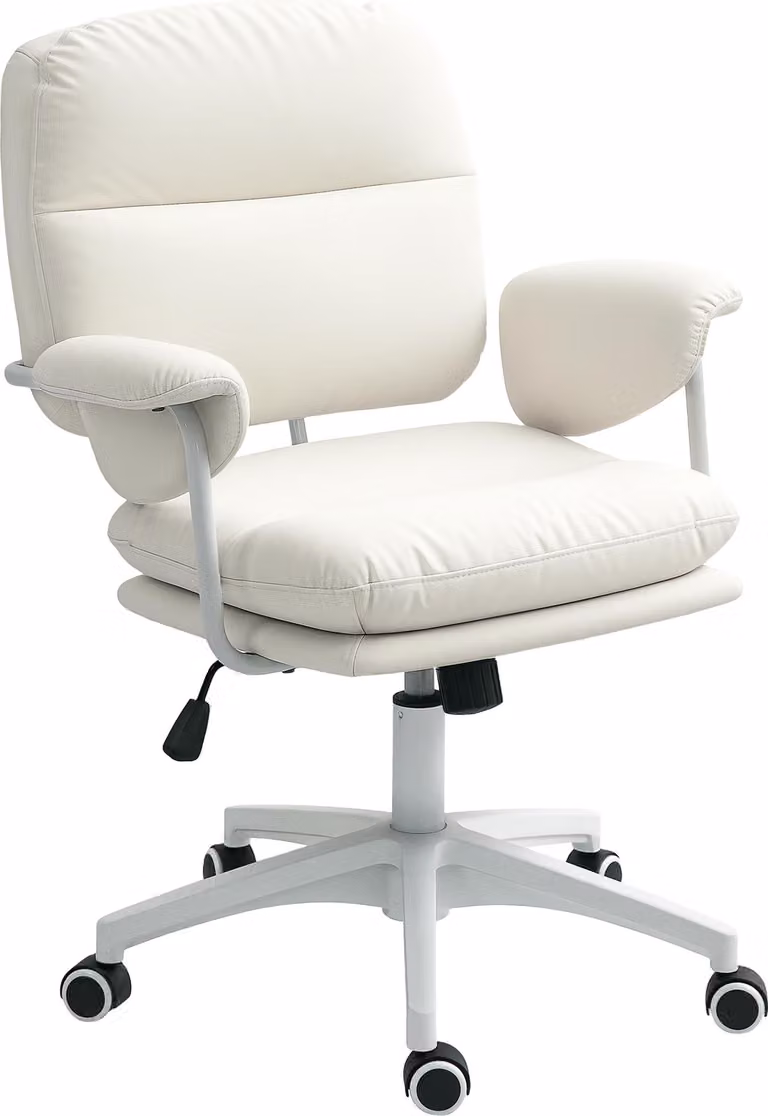 Sedia da ufficio Fortuna Lai con funzione di inclinazione, sedia da scrivania imbottita, sedia girevole regolabile in altezza con poggiapiedi, portata fino a 120 kg, ecopelle, per ufficio, studio, bianca