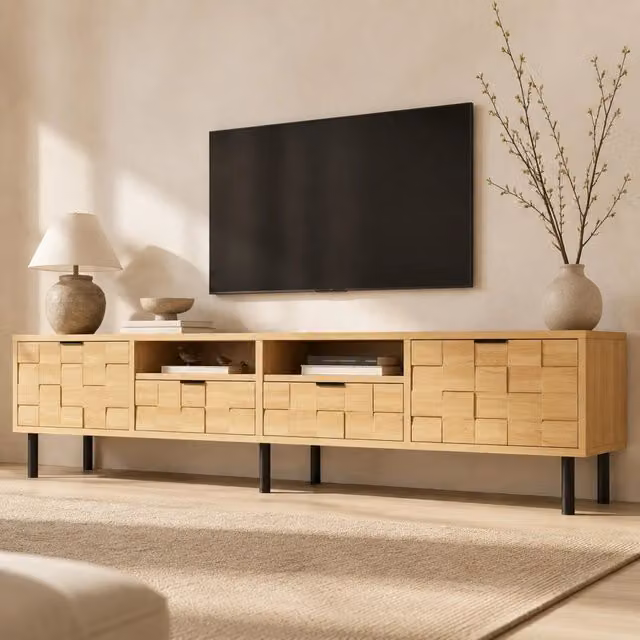 Mobile TV MODFU per soggiorno in rovere naturale marrone con 2 ante e 2 cassetti L: 200 cm, P: 35 cm, H: 44,5 cm