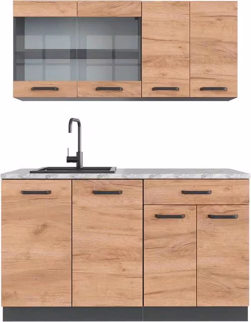 Cucina monoblocco R-Line Rovere dorato/Antracite 140 cm, PL Marmo Vicco