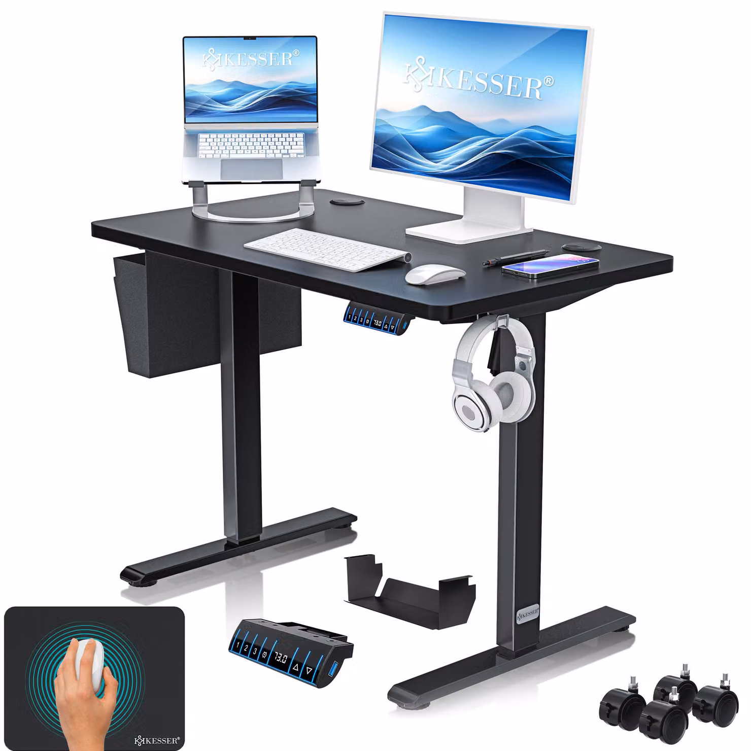 Scrivania regolabile in altezza KESSER®, elettrica, con memoria a 3 posizioni, inclusi rotelle e porta USB