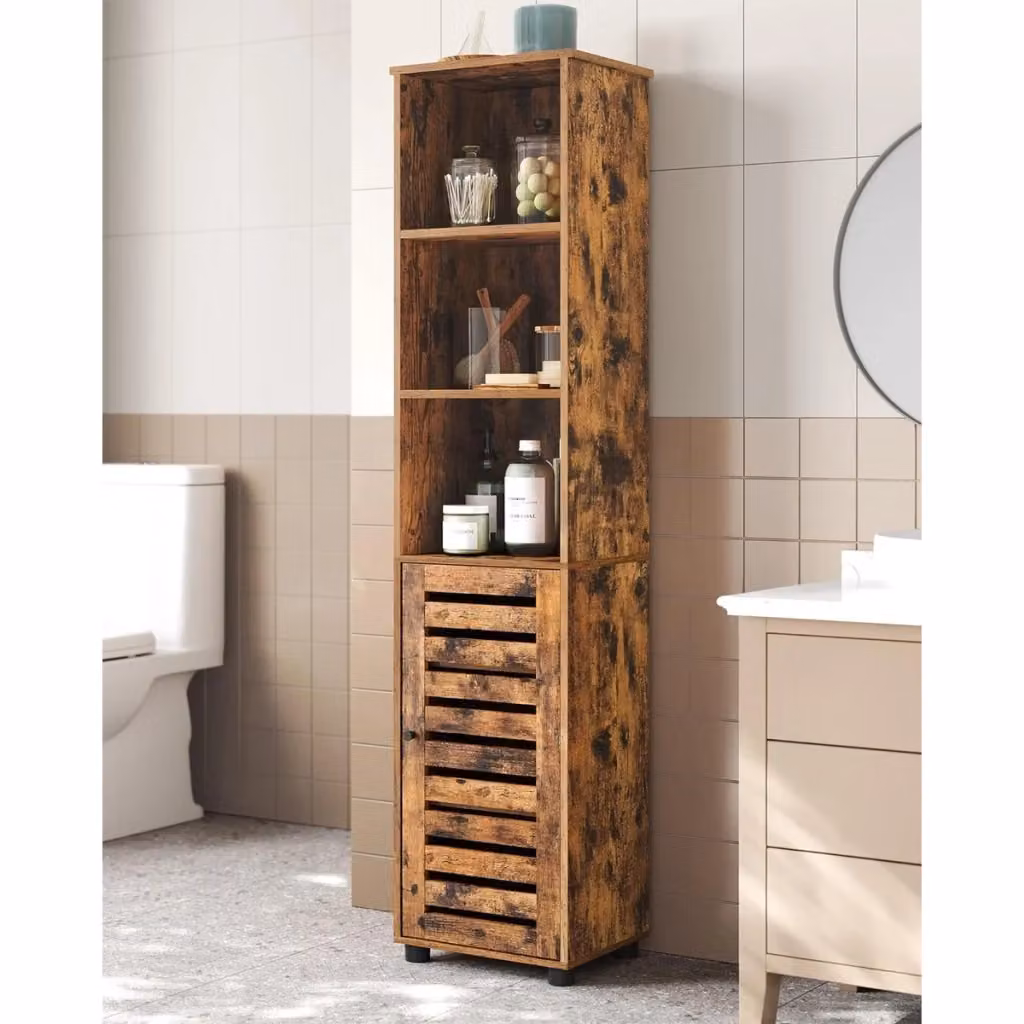 Colonna da Bagno Loft Kendra Home in Legno e Plastica con Ante a Persiana, Stile Industrial, Marrone e Nero, H: 104 cm, L: 43 cm, P: 22,7 cm – 2