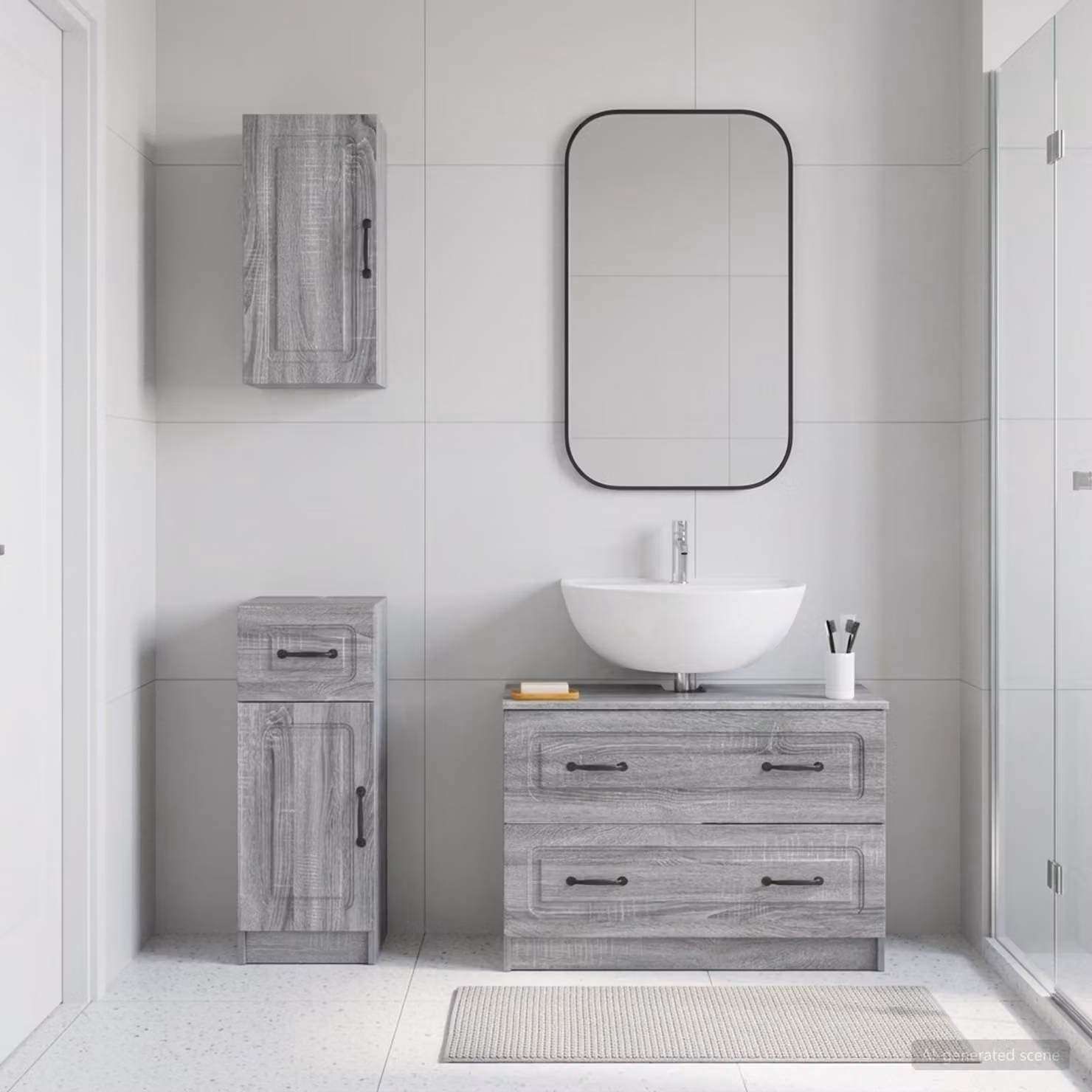 Set di armadietti da bagno UTRECHT di vidaXL in 3 pezzi, colore grigio Sonoma, con mobile lavabo e pensili a parete