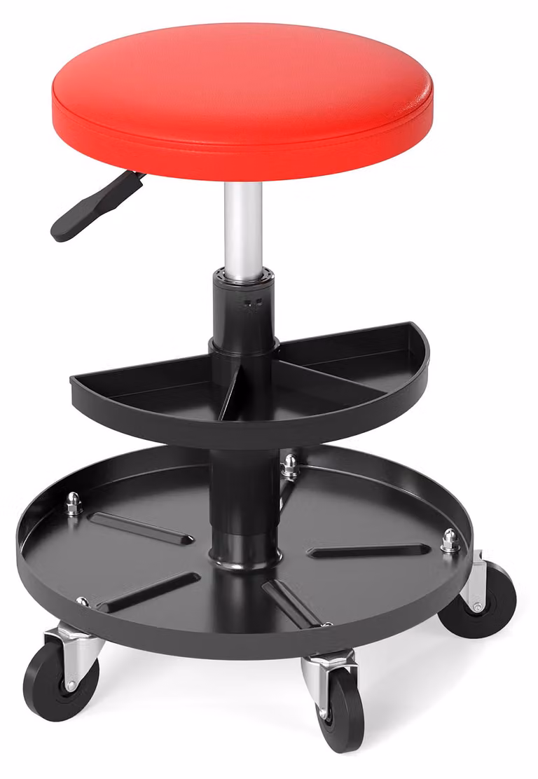 Sgabello da officina COSTWAY con 2 ripiani porta-attrezzi e 5 ruote, sgabello girevole regolabile in altezza da 42 a 56 cm, sgabello imbottito per officina