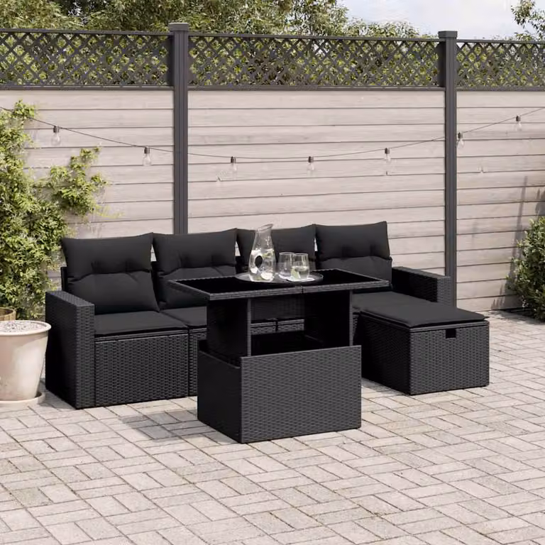 Set Divano da Giardino vidaXL 6 pz a L in Polyrattan Nero con Cuscini e Tavolino