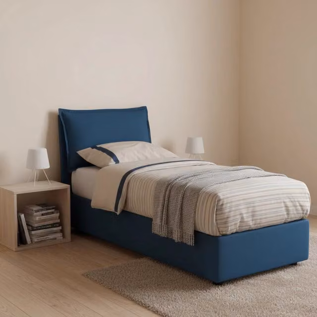 Letto singolo contenitore Ancara Talamo Italia con materasso incluso, rivestimento in tessuto blu, apertura frontale, 80 x 200 cm