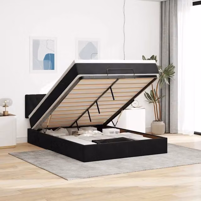 Letto con contenitore a sollevamento vidaXL in velluto nero e bianco con materasso L/P: 140 x 200 cm