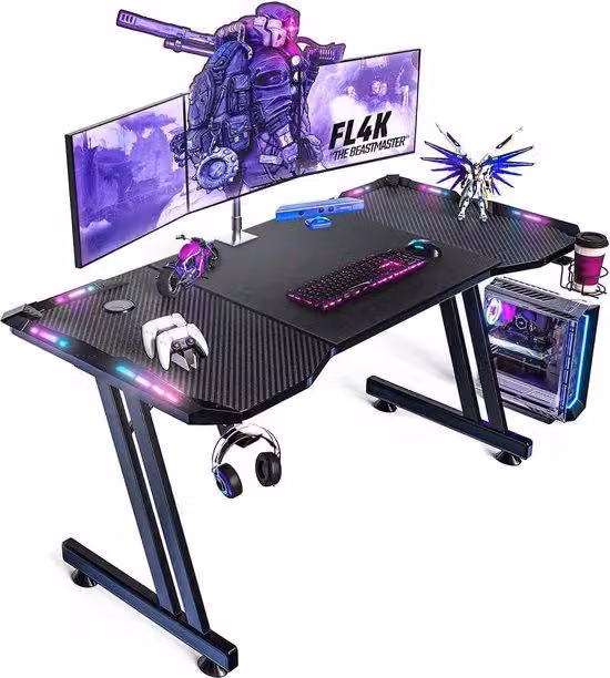 Uniqoos® Exxen, scrivania da gaming a LED, forma a Z, colore nero, dimensioni 120x60x73 cm, piano in fibra di carbonio e struttura in metallo, LED a sei colori con telecomando, capacità di carico di 80 kg, sistema di gestione dei cavi