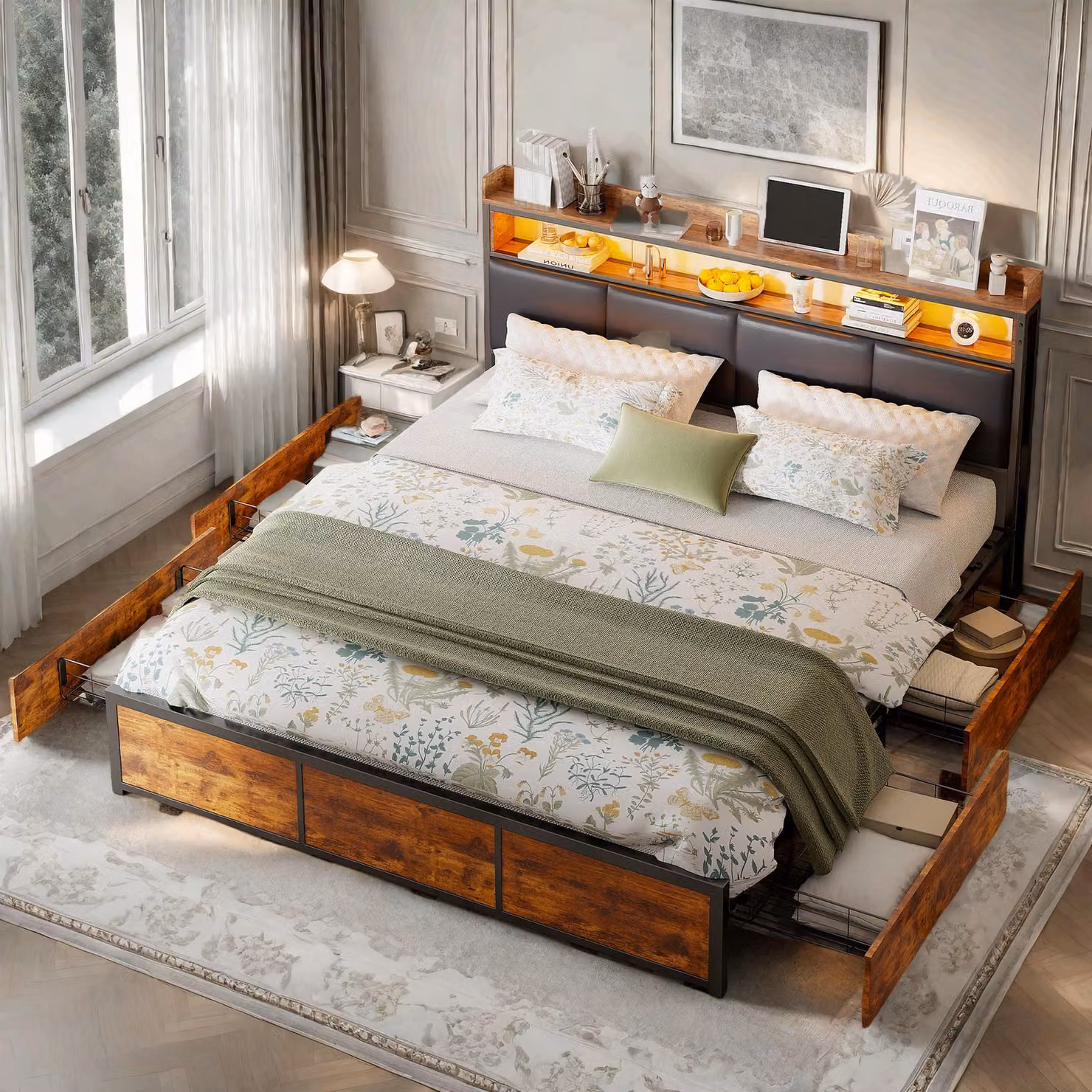 Letto imbottito ProximaX 140x200cm con USB e LED, letto matrimoniale contenitore con comodino e 4 cassetti, letto funzionale in legno, nero