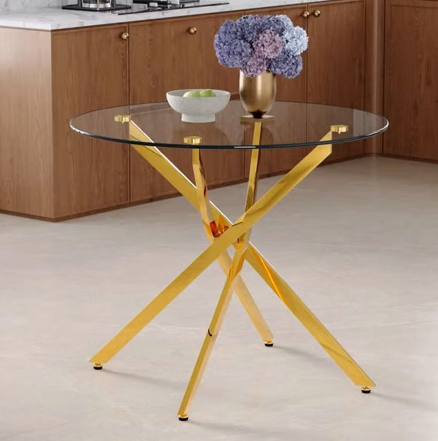 Tavolo da pranzo rotondo diametro 88 cm trasparente; vetro e metallo oro