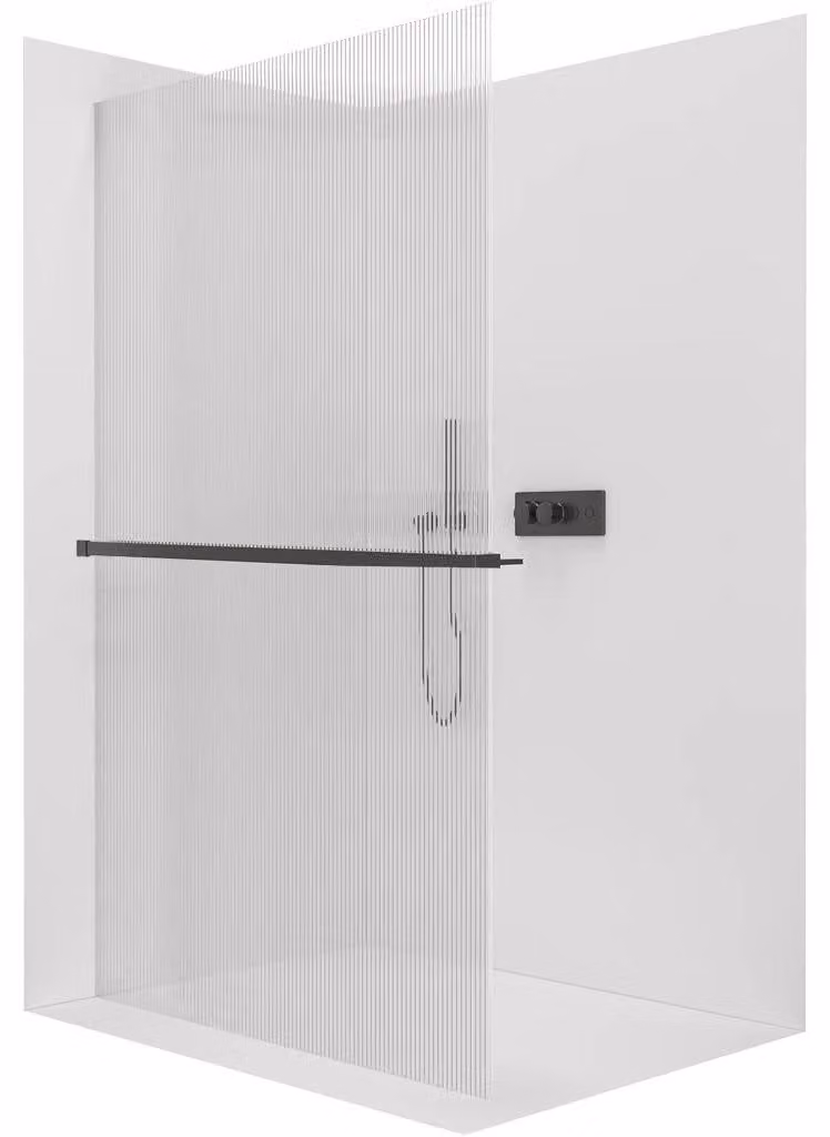 CERANO - Box doccia Walk-in Crystal L/P - 8 mm + mensola/portasciugamani - sistema senza montanti - vetro nero opaco rigato - 100x200 cm