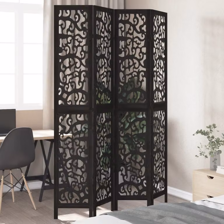 Divisorio Ambienti vidaXL con 4 Pannelli in Legno di Paulownia Nero Opaco H: 170 cm, L: 220 cm