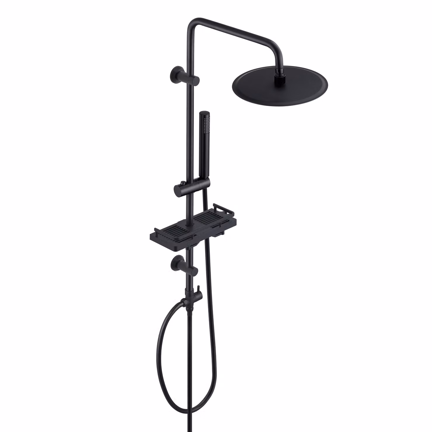 JOHO Colonna Doccia Acciaio Inox Senza Miscelatore Regolabili Nero idromassaggio Asta Doccia Saliscendi soffione a Pioggia Porta Ogetti Mensola D20cm