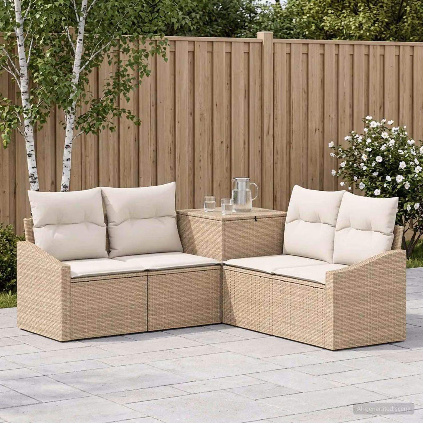 Set di divani da giardino a L vidaXL in polyrattan con cuscini beige e bianco crema