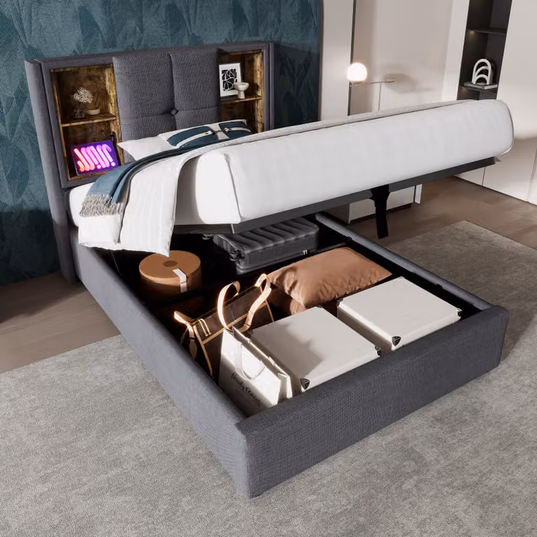 letto a molle imbottite okwish 90 x 200 cm con testata con vano contenitore e connessione di ricarica USB, letto contenitore idraulico con vano rete e illuminazione a LED (senza materasso) - grigio