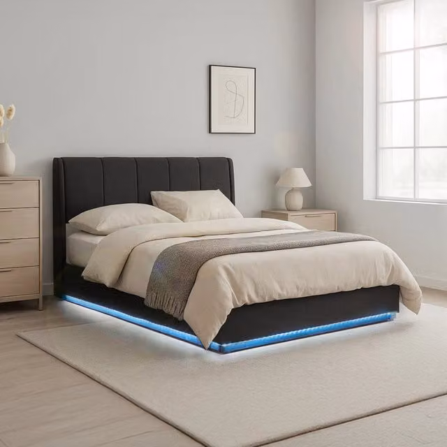 Letto Matrimoniale Contenitore Tröstiar con Apertura a Ribalta e Luce LED 160x200 cm - Effetto Lino Nero [en.casa]