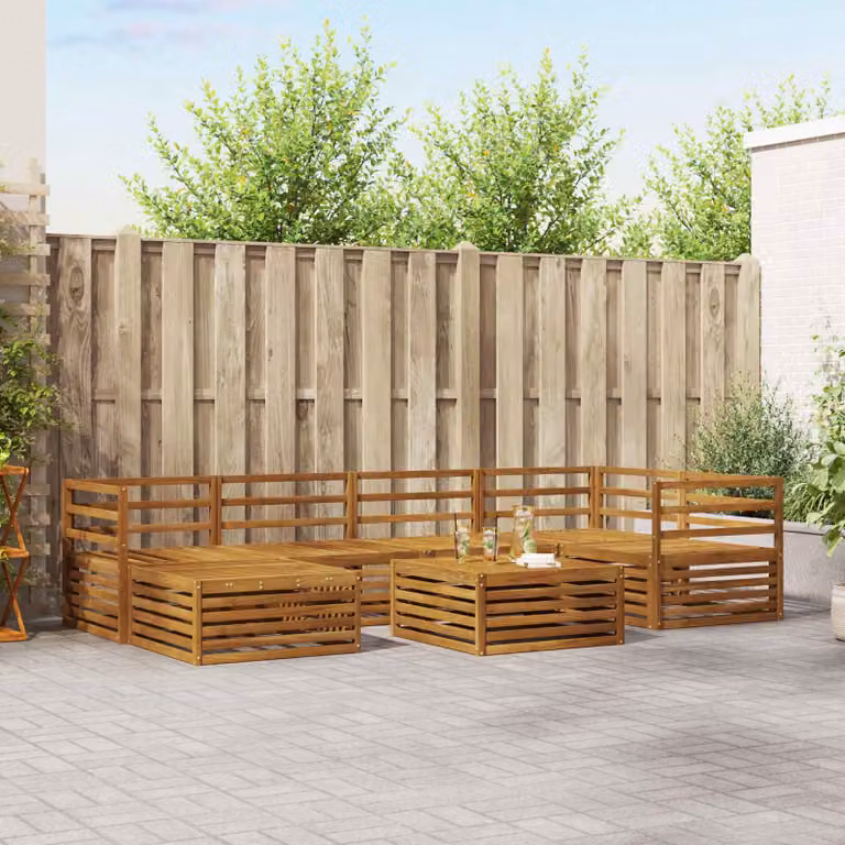 Set di divani da esterno vidaXL 7 pz in legno di acacia marrone con cuscini e tavolino da giardino a forma di L