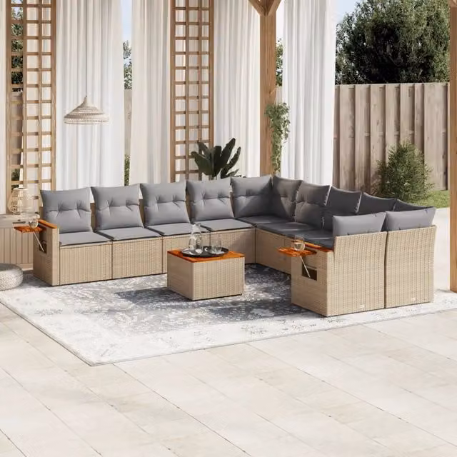 Set di Divani da Giardino a Forma di U vidaXL in Polyrattan con Cuscini Beige e Grigio, 11 Pezzi