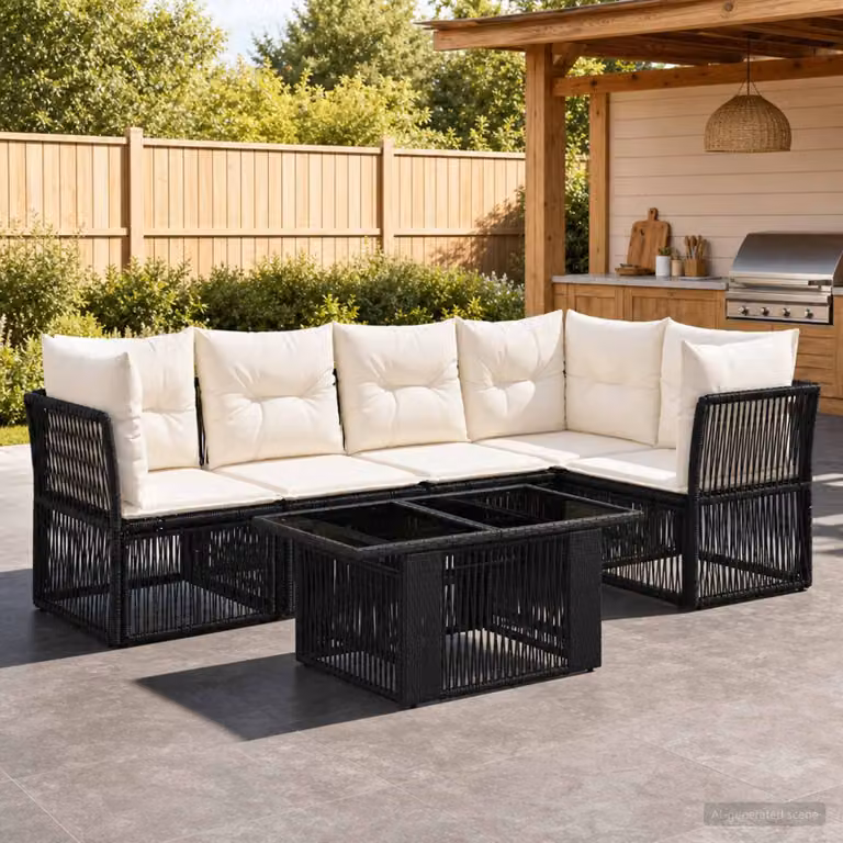 Set Divano da Giardino Moderno vidaXL in Polyrattan e Metallo, 6 Pezzi, Nero
