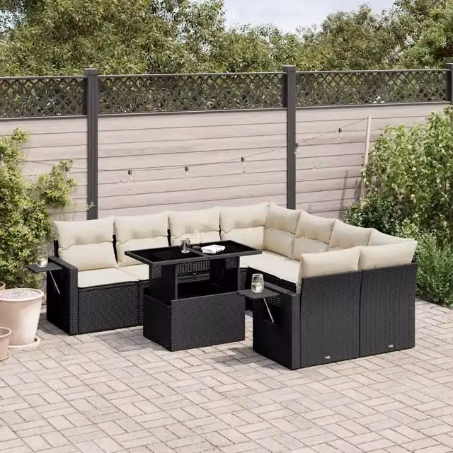 Set Divani da Giardino 9 pz con Cuscini Nero in Polyrattan 3267796