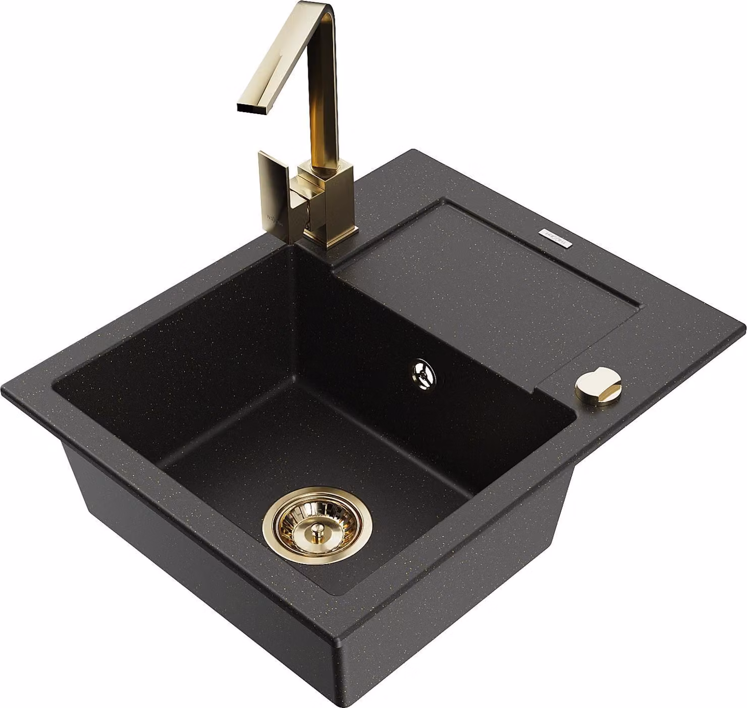 Mexen Enzo lavello in granito 1-vasca con scolapiatti e rubinetto da cucina Rita, nero/oro metallizzato - 6506-75-670300-50
