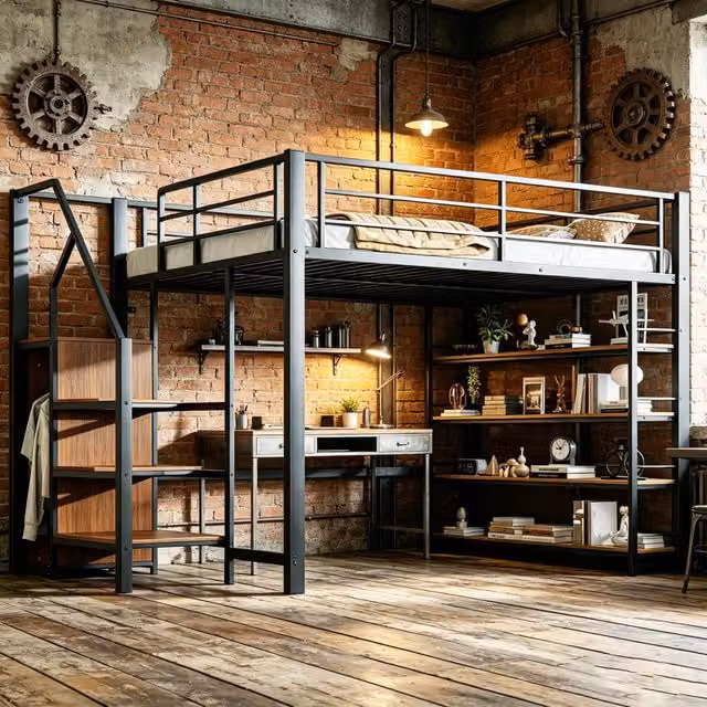 Letto a castello 140x200 cm con scala di sicurezza, contenitore e piccolo armadio, ripiani, design a recinzione alta, letto singolo, Nero