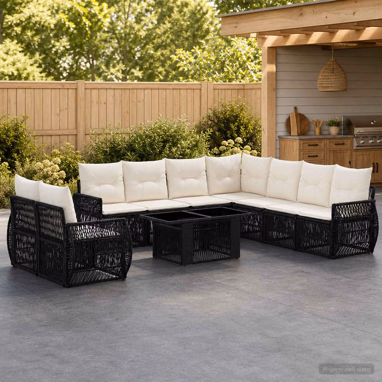 Set Divano da Giardino vidaXL 10 Pezzi Moderno in Polyrattan con Tavolino e Cuscini, Nero e Bianco Crema