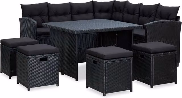 Set di mobili da giardino Outsunny composto da 6 pezzi con design moderno a L, include divano angolare, pouf e tavolino da caffè, in resina intrecciata nera con struttura in acciaio verniciato a polvere e cuscini imbottiti